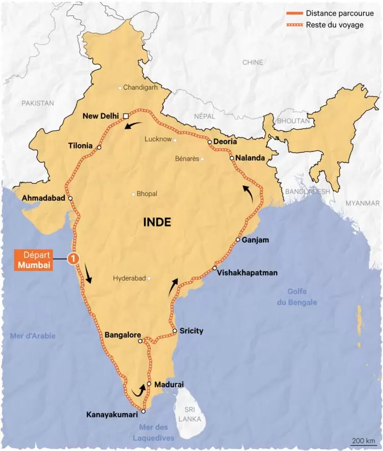 Mon lumineux voyage à bord du JagritiYatra : le départ (1/4) | Carte du voyage de R. Masvigner à bord du JagritiYatra (Inde) | Françoise Blind-Kempinski - Directrice éditoriale et réalisatrice (journaliste Les Echos)