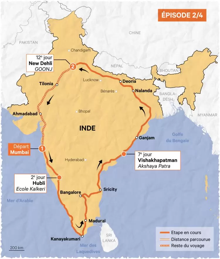 Mon lumineux voyage à bord du JagritiYatra : le départ (2/4) | Carte du voyage de R. Masvigner à bord du JagritiYatra (Inde) - épisode 2 | Françoise Blind-Kempinski - Directrice éditoriale et réalisatrice (journaliste Les Echos)