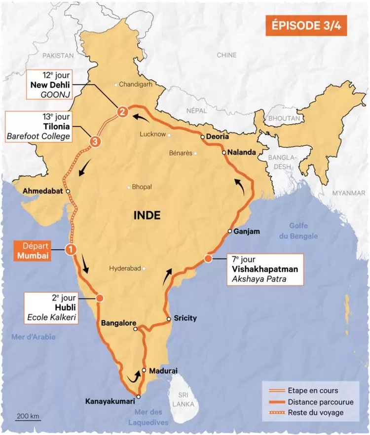 Mon lumineux voyage à bord du JagritiYatra : le départ (3/4) | Carte du voyage de R. Masvigner à bord du JagritiYatra (Inde) - épisode 3 | Françoise Blind-Kempinski - Directrice éditoriale et réalisatrice (journaliste Les Echos)