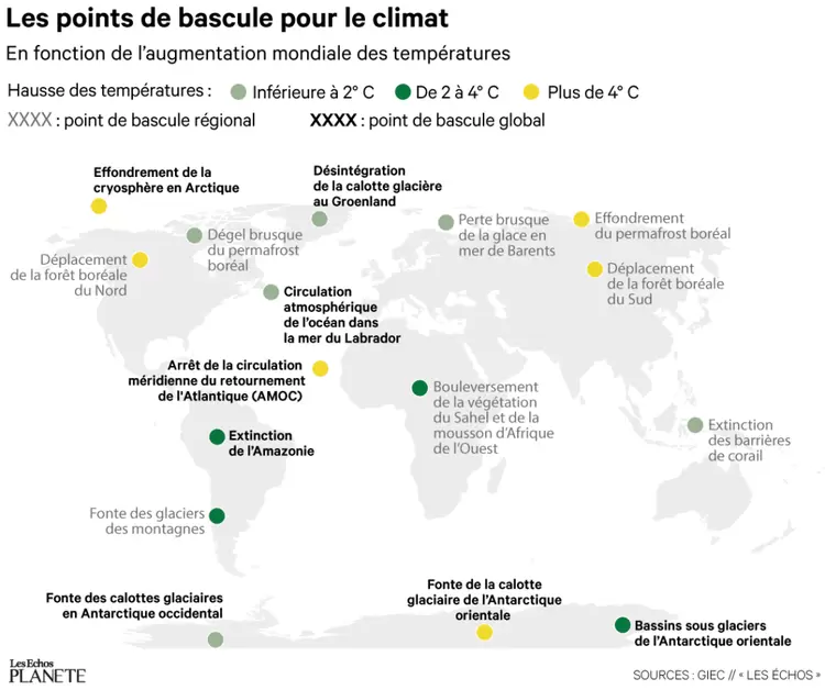 Réchauffement climatique : ces 16 points de rupture qui nous menacent | Carte mondiale des points de bascule en fonction des hausses de température, selon le rapport du GIEC et mis en forme par Les Echos. | Françoise Blind-Kempinski - Directrice éditoriale et réalisatrice (journaliste Les Echos)