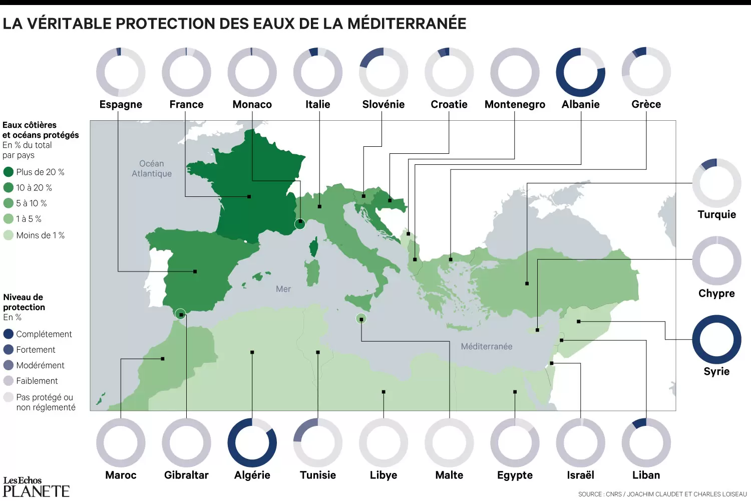 La belle promesse des aires protégées mondiales | Carte de la véritable protection des eaux de la Méditerranée - Réalisée par Les Echos | Françoise Blind-Kempinski - Directrice éditoriale et réalisatrice (journaliste Les Echos)