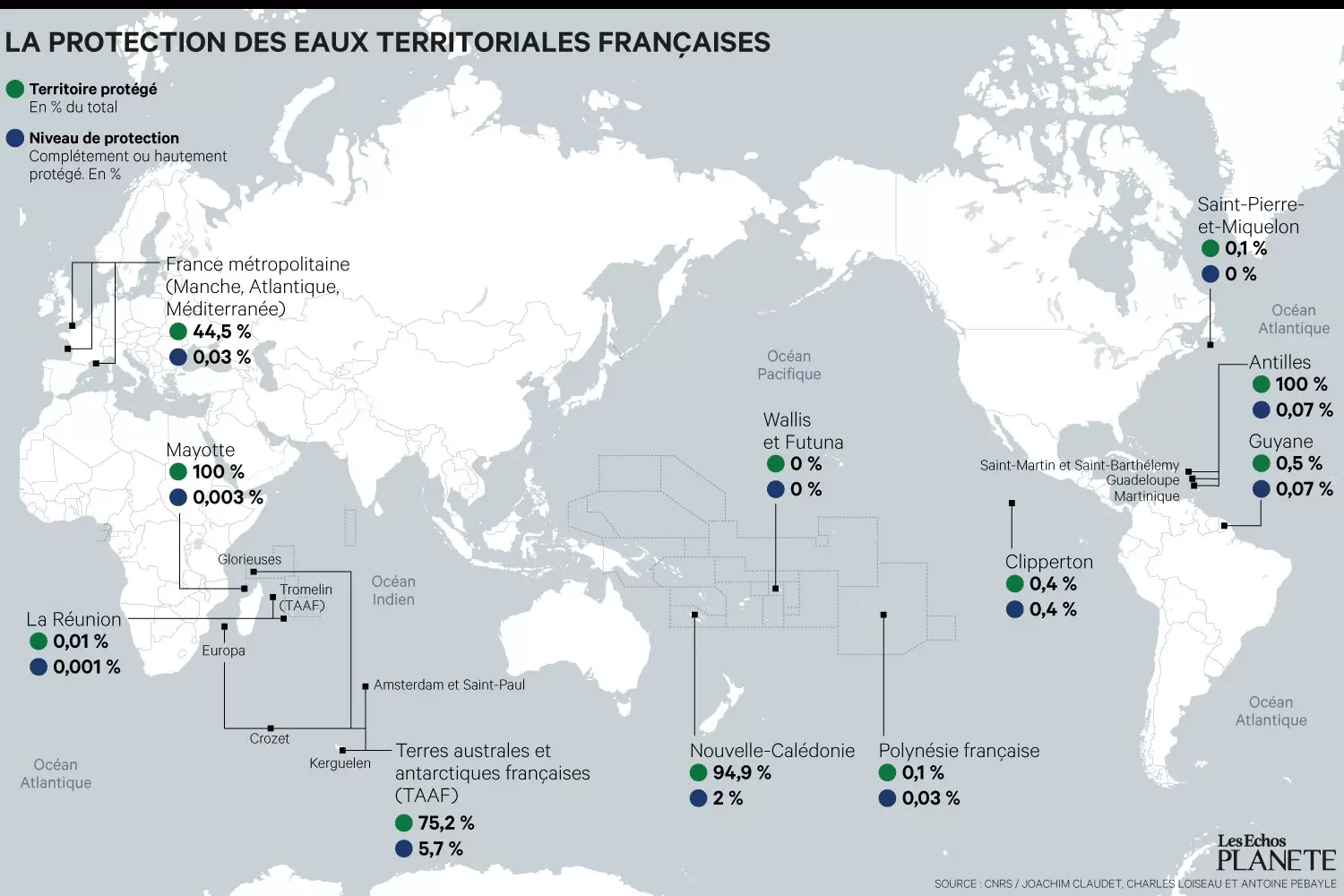 La belle promesse des aires protégées mondiales | Carte de la protection des eaux territoriales françaises dans le monde - Réalisée par Les Echos | Françoise Blind-Kempinski - Directrice éditoriale et réalisatrice (journaliste Les Echos)