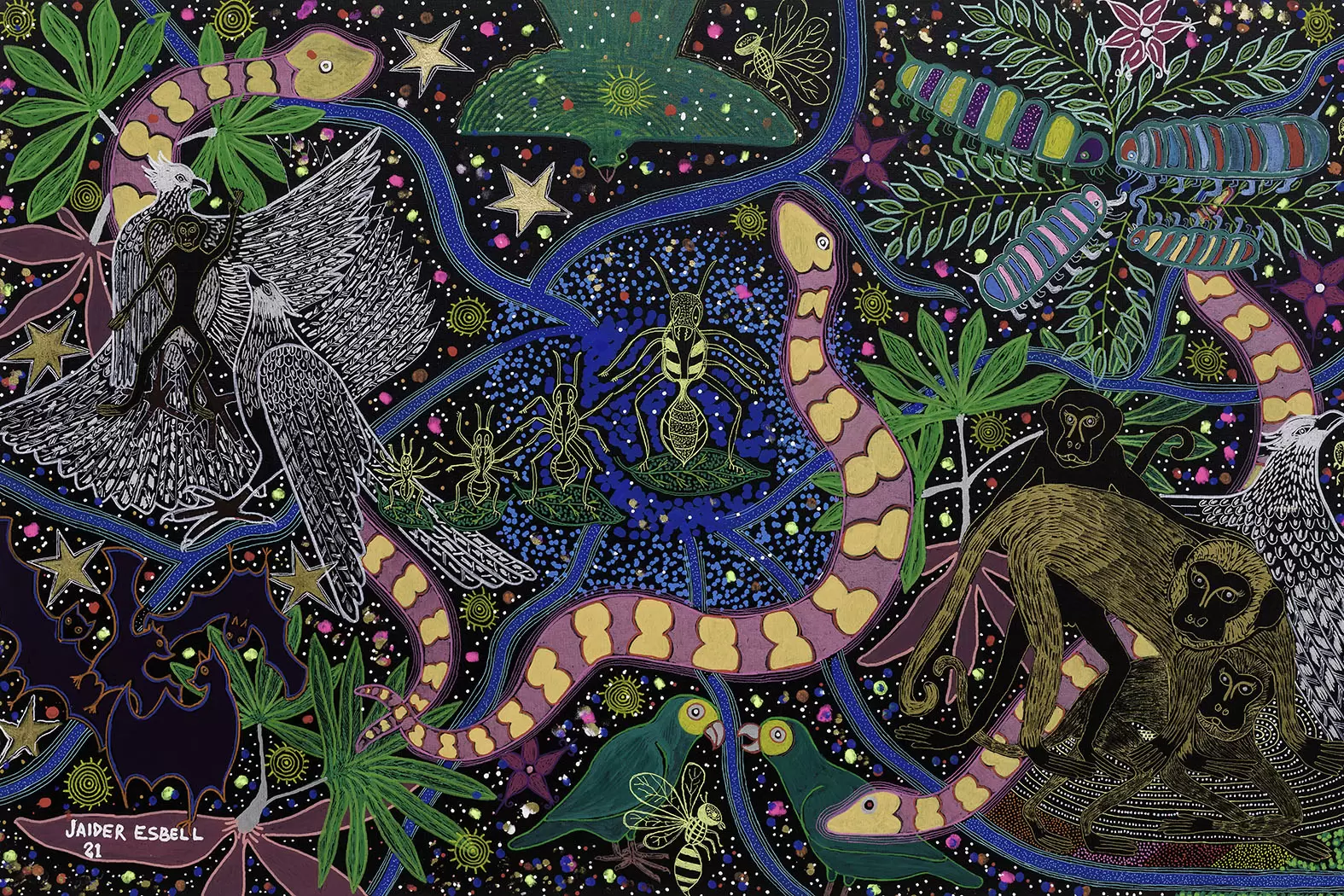 Exposition «Les Vivants»: pour une nouvelle cohabitation avec la Nature | "Um povo sagrado ninguém pode vencer" (Un peuple sacré que personne ne peut battre) : une œuvre de 2021 de Jaider Esbell, disparu depuis. Crédit photo Jaider Esbell Estate | Françoise Blind-Kempinski - Directrice éditoriale et réalisatrice (journaliste Les Echos)