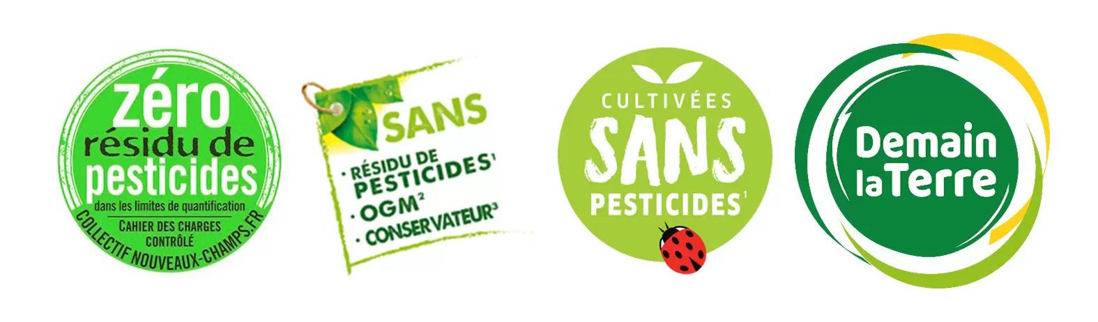 Tout savoir sur les pesticides en France | Label Nouveaux Champs / Logo sans résidu de pesticides de Bonduelle / Label Alliance Nature et Saveurs / Logo des producteurs de Demain la Terre | Françoise Blind-Kempinski - Directrice éditoriale et réalisatrice (journaliste Les Echos)