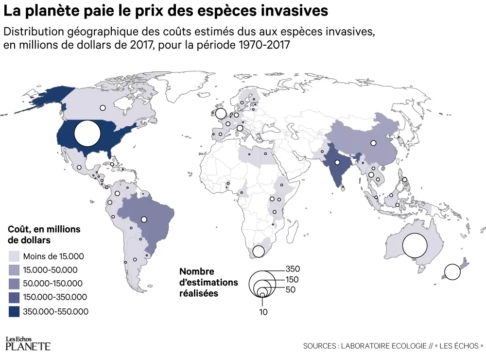 Les espèces exotiques envahissantes : un fléau planétaire | Carte mondiale de la distribution géographique des coûts estimés dus aux espèces invasives entre 1970 et 2017 - Réalisée par Les Echos | Françoise Blind-Kempinski - Directrice éditoriale et réalisatrice (journaliste Les Echos)